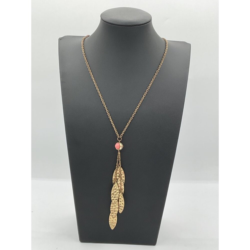 Long Boho Leaf Pendant Necklace With Pink Accent
